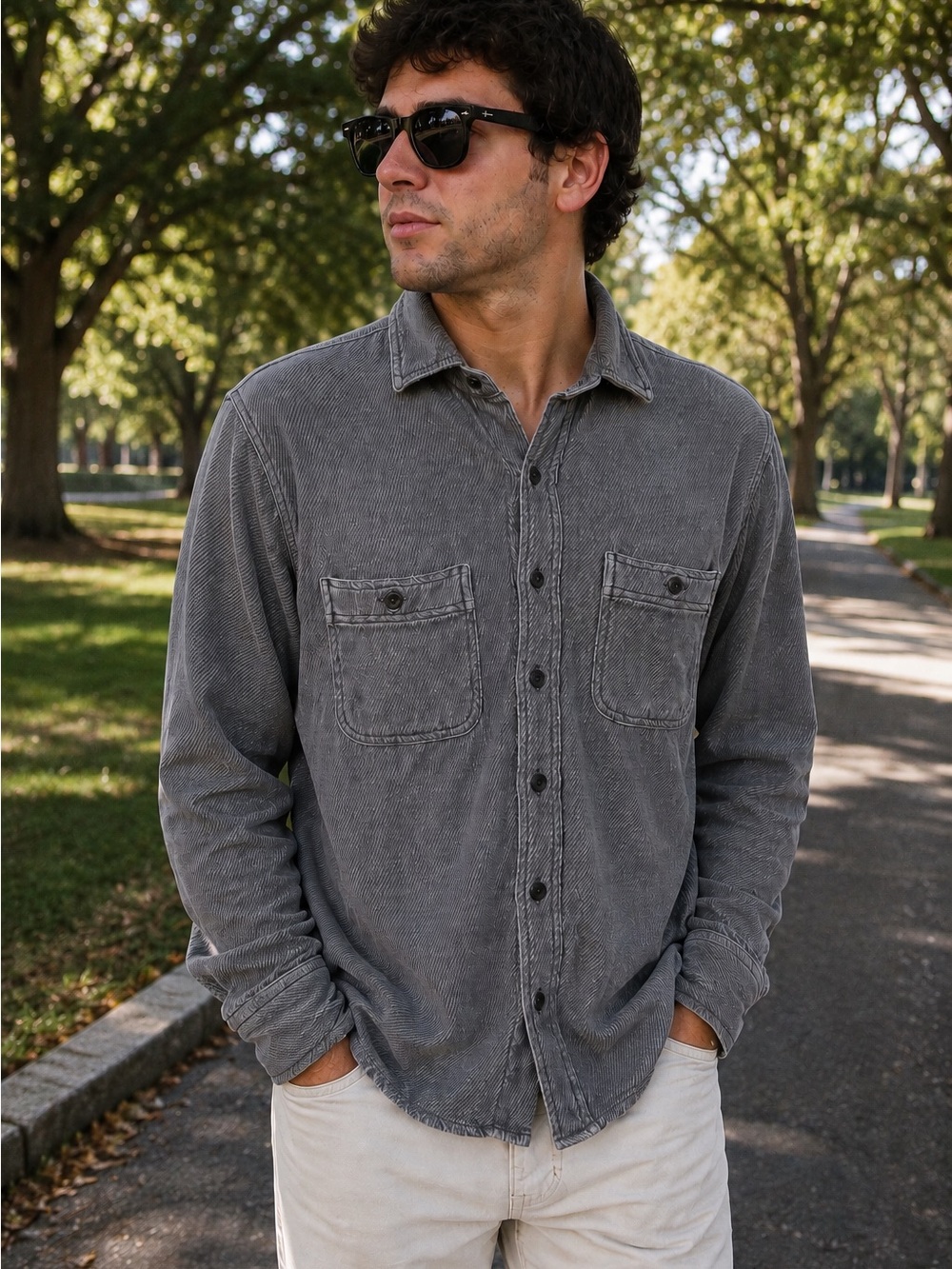 Men's Washed Grey Button-Up Shirt